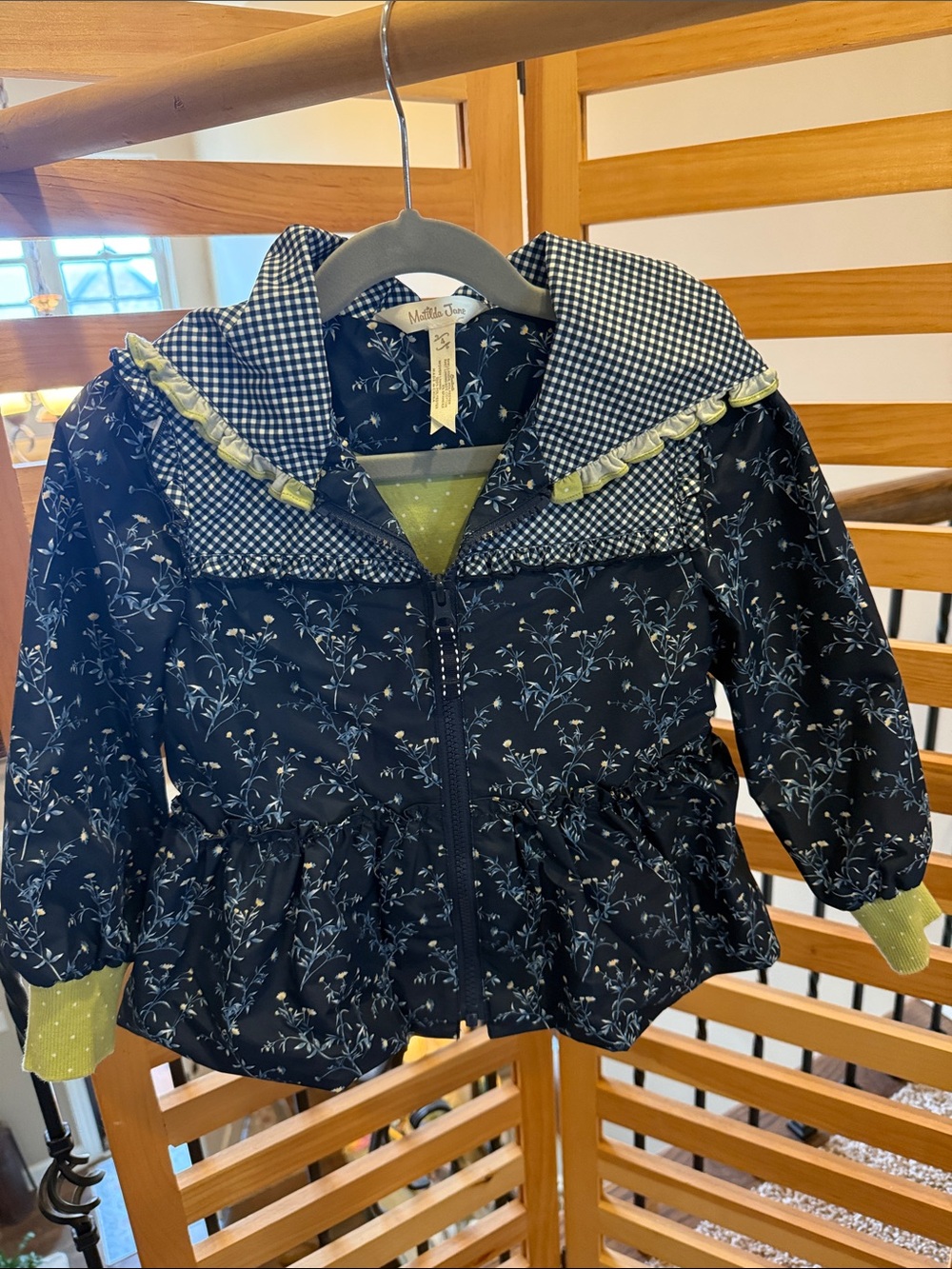 Matilda Jane Navy Floral Raincoat with Gingham Collar and Lime Trim